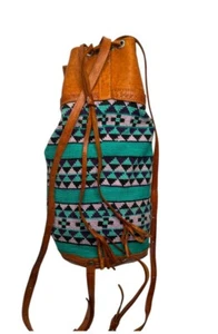 Urban Outfitters Brown Canvas Leather  Colorful Drawstring  Backpack Straps Bag - Picture 1 of 12