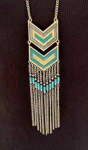 Turquoise & Gold-toned Chevron Statement Necklace Very Long, Fringed Adjustable - Picture 1 of 5