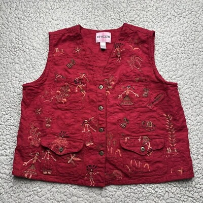 Chicos Tribal Print Vest Womens Size 3 Red Embroidered Button Closure Cotton XL - Image 1 of 4