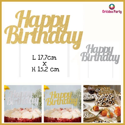 Cake Topper Happy Birthday Compleanno Festa Party Decorazione Torta Oro Argento - Immagine 1 di 2