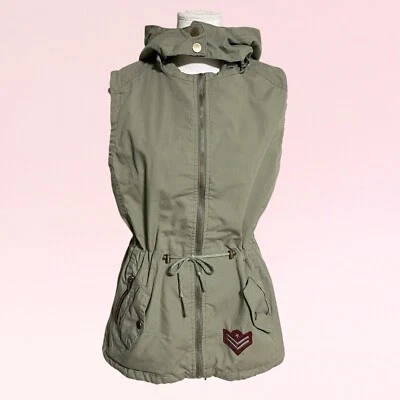 винтажный y2k оливковый зеленый карго карман молнии фея гранж нашивка с капюшоном жилет L - Изображение 1 из 4