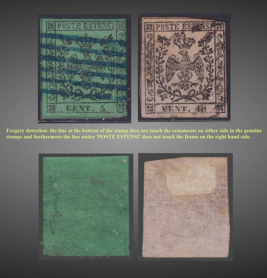 1852-1857 ITALY MODENA PRIMITIVES 5C,10C-GREEN & ROSE PAPER USED SCT1,2 MI.1,2II - Image 1 of 1