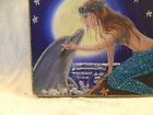 Sirène et dauphin au clair de lune * ornement en bois scintillant * image de carte paillettes