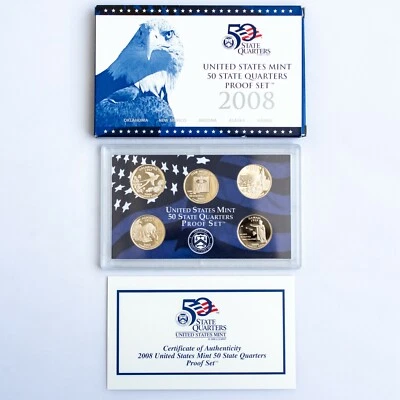 2008 S US 50 State Quarters Uncirculated Proof Mint Set - 5 Proof Coins OGP COA - Image 1 of 4