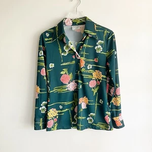 PLS READ VTG Sears Womens Small Polyester Blouse Green Floral Print Long Sleeve - Picture 1 of 7