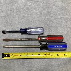 Lot of 3 Husky Screwdrivers - Phillips, Regular/Flathead, 3/8 Nut Driver USA - Picture 1 of 8