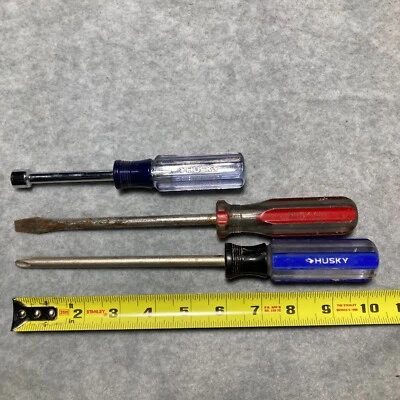 Lot of 3 Husky Screwdrivers - Phillips, Regular/Flathead, 3/8 Nut Driver USA - Image 1 of 4