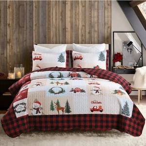 Christmas Quilt Set Red Printed Quilt Santa Claus Bedspread Snowflake Snowman - Picture 1 of 7