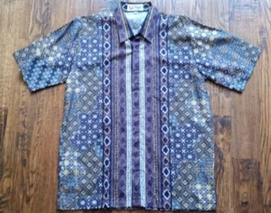 Sunan Batik Vintage Button Up Short Sleeve Shirt XL Purple Mustard Cream Cotton - Picture 1 of 3