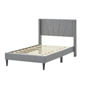 Twin Size Platform Bed Frame Upholstered Headboard w/Breathable and Soft Linen - Picture 1 of 10