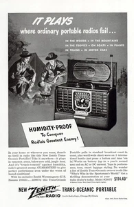 1947 Zenith Trans-Oceanic Portable Radio: Plays Humidity Proof Vintage Print Ad - Picture 1 of 1