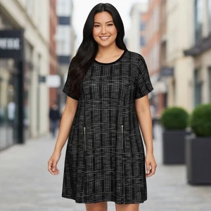 Sharagano Woman 22W Black Gray Plaid Dress A-Line Career Casual Zip Pockets - Picture 1 of 13