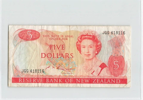 NEW ZEALAND 5 Dollars 1985-89, P-171b Sign: Russell, QEII, JGG 418116        B1 Cover
