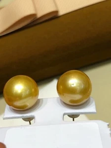 Pair of 11-12mm Natural south sea genuine gold round pearl earring 358AAA - Picture 1 of 2