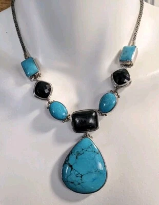 Sterling Silver Turquoise ? Magnesite Black Gemstone Teardrop Necklace Statement - Image 1 of 4