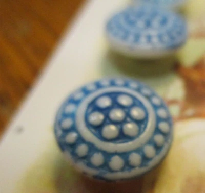 Set of 4 Vintage 5/8" blue flower dot Painted Glass Buttons~NOS - Image 1 of 2