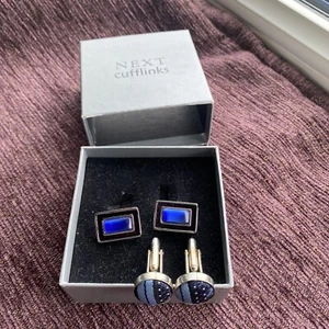 2 Pairs Next MEN'S SILVER BLACK/BLUE CUFFLINKS WEDDING CUFF LINKS - Picture 1 of 3