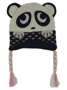 Girls Black & White Panda Bear Heart Peruvian Style Critter Trapper Hat - Picture 1 of 1