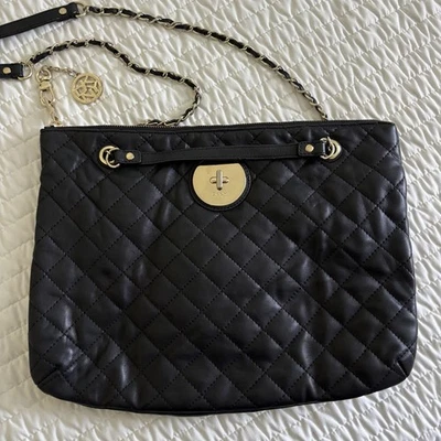 DKNY Donna Karen NY Quilted soft leather black zip top tote bag chain handles - Image 1 of 4