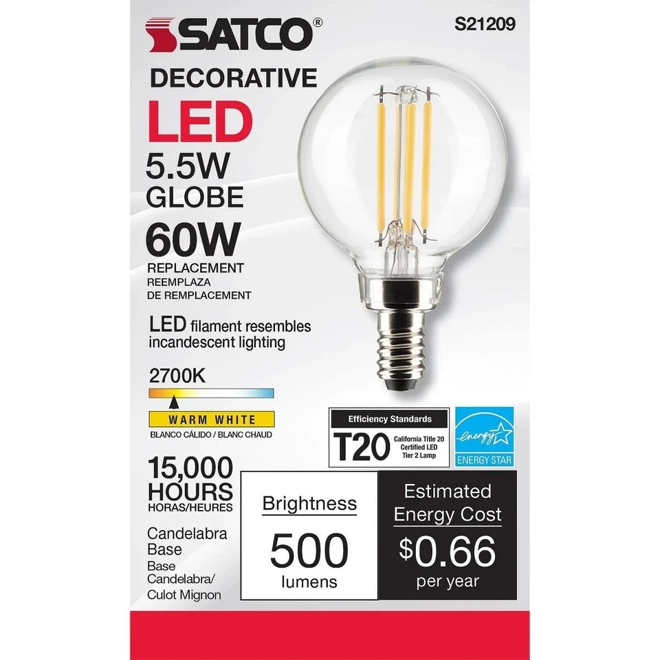 SATCO S21209 - 5.5 Watt G16.5 LED Candelabra Bulb - 2700K - 120 Volts (6 Pack) - Image 1 of 1