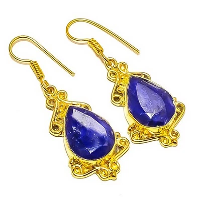 Pendiente antiguo chapado en oro amarillo de 18k zafiro azul (simulado) 1,87" E4-398 Foto 1 de 3