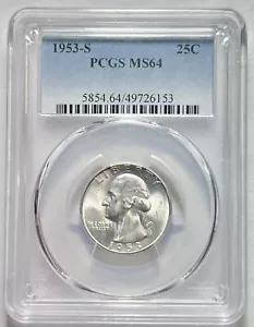 Silver Washington Quarters 1953 S PCGS MS 64 90% Silver Uncirculated 25c Coin - Picture 1 of 12