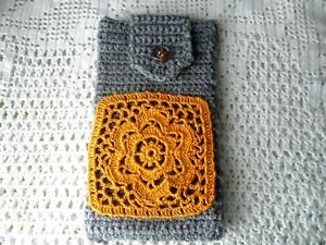 Hand Crochet Phone/Sunglasses/Glasses Case/Pouch in Grey Wool w/ Dark Yellow Ap