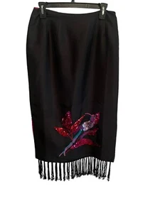 Vintage CLIO Silk Embroidered Bird Straight Pencil Skirt 12 Black Fringe 90s Y2K - Picture 1 of 17