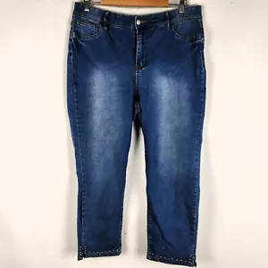 BeMe Womens Denim Croppped Pants Plus Size 16 Blue Rhinestone Elastic Waist - Picture 1 of 14