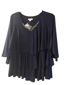 Top Susan Graver 2x blu navy con volant a strati a maglia liquida tunica Bling nuovo - Foto 1 di 7