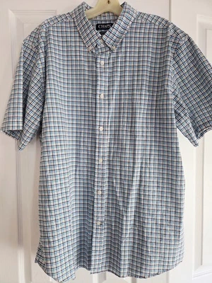 Camisa de hombre Chaps de fácil cuidado con botones y arriba manga corta XXL azul a cuadros #41381 Foto 1 de 4