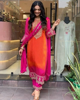 Chinon Silk Party Wear Kurti Pant Dupatta Set Indian Bollywood Ethnic Kurta Set - Image 1 of 4