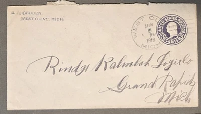 WEST OLIVE MICHIGAN 1918 YD Cover Stamped Sender Return to GRAND RAPIDS MI - Image 1 of 2