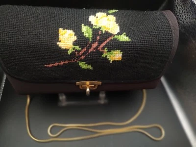Vintage Needlepoint Yellow Rose Turn Lock Evening Bag With Gold Chain 8x4x2" - Image 1 of 4