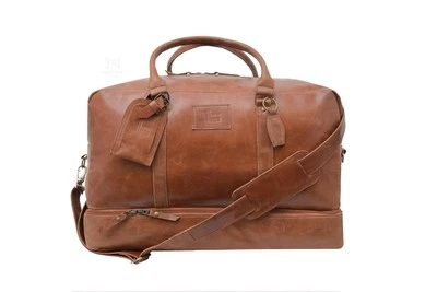 Saddle Brown Leather Duffle Hand Bag Travel Luggage Gym Unisex Vintage Genuine - Image 1 of 4