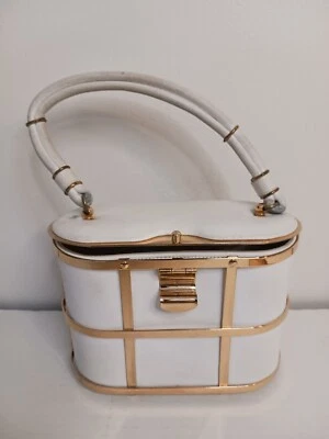 VINTAGE Mid Century 1950s ETRA White Leather Gold Cage Box Purse Mirror Lid  - Image 1 of 4