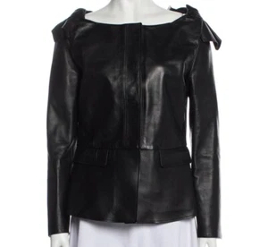 Burberry Prorsum Black Leather Bow Peplum Blazer fit Jacket Blazer Coat US1 IT36 - Picture 1 of 9