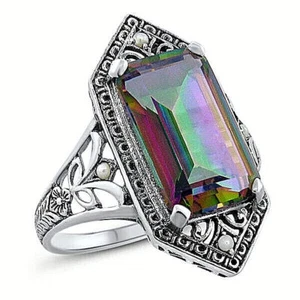ART NOUVEAU STYLE 7 CARAT MYSTIC QUARTZ & PEARL 925 STERLING SILVER RING 546Z - Picture 1 of 3