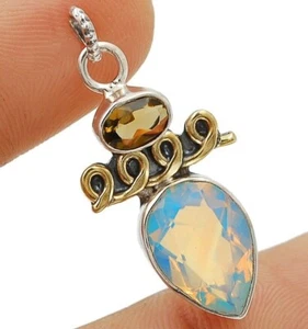Two Tone 3CT Natural Fire Opalite 925 Sterling Silver Pendant 1 1/4'' @16-6 - Picture 1 of 2