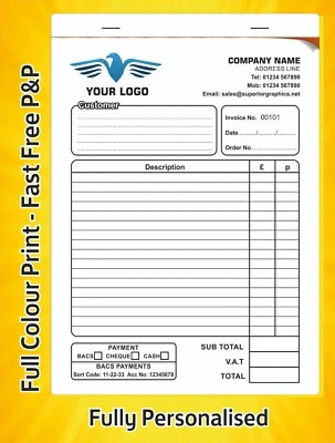 A5 INVOICE RECEIPT PAD / BOOK / PERSONALISED / DUPLICATE SETS *FAST FREE P&P* - Image 1 of 3
