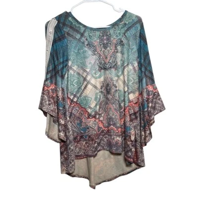 Blusa Top One World Para Mujer Pequeña Manga Acampanada Cuello Redondo Estampado Boho Foto 1 de 4
