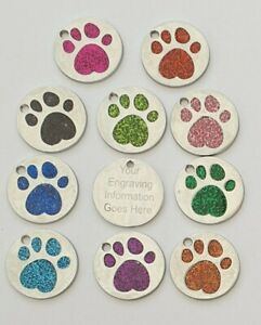 Personalised Engraved 25mm Glitter Paw Print Tag Dog Cat Pet ID Tags Reflective