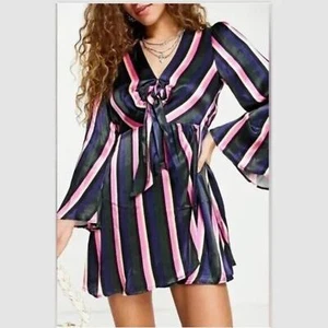 TOPSHOP Women's Stripe Knot Front Long Sleeve Mini Dress Size 6 - Multi NWT - Picture 1 of 6