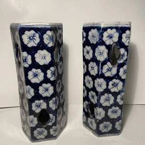 Pair Vintage Hexagonal Chinese Blue And White Floral Vase China Hat Stand READ - Picture 1 of 20