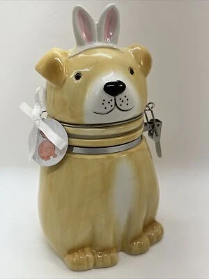 DOG W/ Easter BUNNY EARS Hinged Canister Cookie Jar Coffee Treats Locking Lid - Image 1 of 4