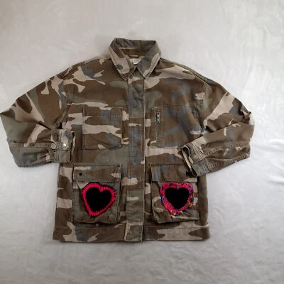 Topshop Jacket Womens XS Army Embroidered Hearts Oversized Military Camo - Image 1 of 4