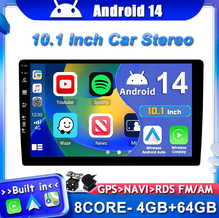 10 Inch Android 14.0 2 DIN Car Radio Stereo GPS Head Unit 4G+64G RDS Octa Core  - Image 1 of 4