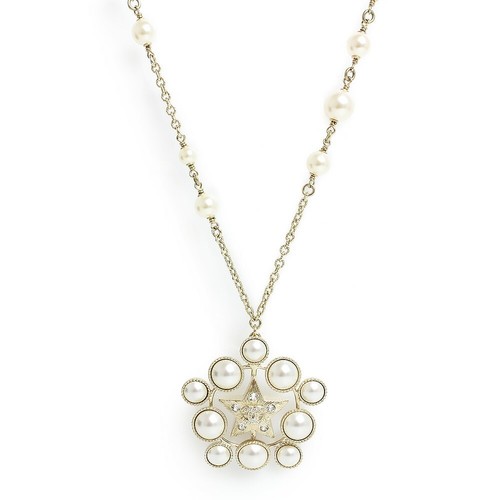 Collana CHANEL Coco Mark stella perle strass ciondolo oro Ab2335 con scatola