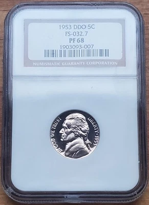 1953 Jefferson Nickel NGC PF68 DDO FS-32.7 Blast White Gem Proof Cameo - Image 1 of 2