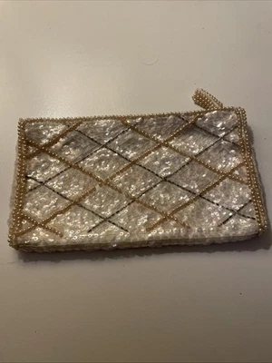 8” Zippered Clutch La Regale Purse Bag Japan Sequins Pearls Hollywood Regency - Image 1 of 4